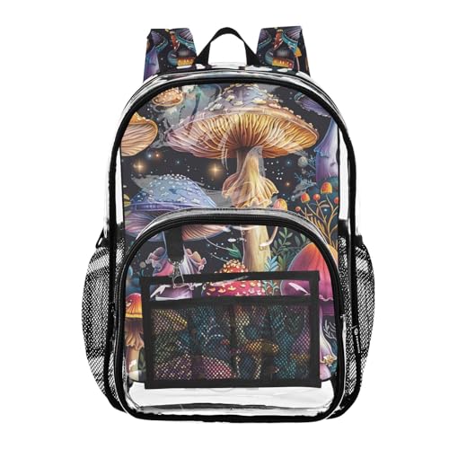 Psychedelic Mushrooms Print Clear Backpack Lightweight Large Capacity See Through Bookbag Transparent Daypack Bag, 12L
