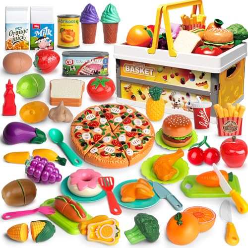 BunnyJOY Accessoire Cuisine Enfant Fille 3 4 5 Ans, Dinette Enfant, Jouet de Découpe Fruits et Légumes avec Panier Pliable, Jeux de Rôle, Jouet Éducatif...