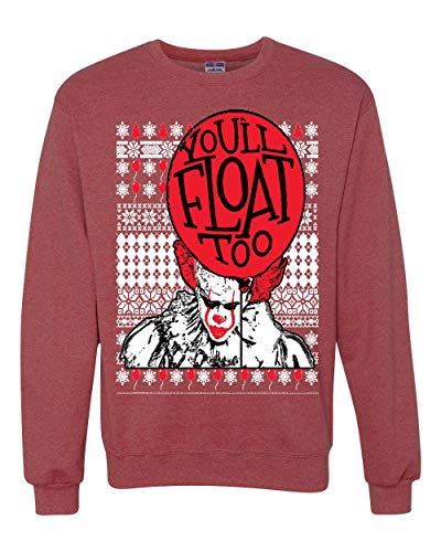 Wild Bobby You'll Float Too Clown IT Ugly Christmas Sweater Unisex Crewneck Graphic Sweatshirt, Vintage Heather Red, 2XL