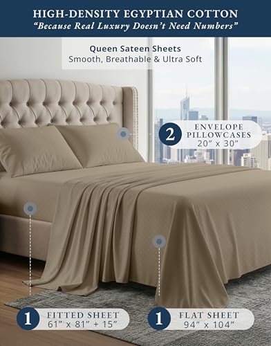 Image of LANE LINEN Olympic Queen Sheets 100% Egyptian Cotton Sateen - Taupe | Air Mattress Sheets Queen - 4-Piece Set, Long-Staple Egyptian Cotton, For A Cool, Restful Sleep, OEKO-TEX Certified