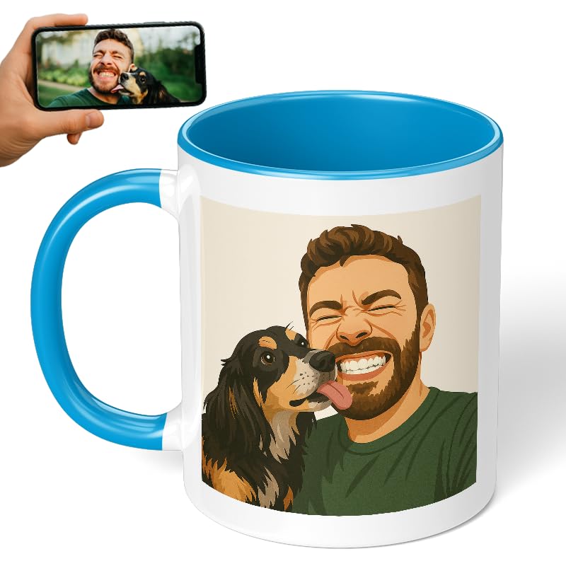 Personalized Coffee Mug, Custom Drawing Portrait Gift, Funny Customized Coffee Gift for Men & Women, Custom Mugs with Pictures, Light Blue 11oz
