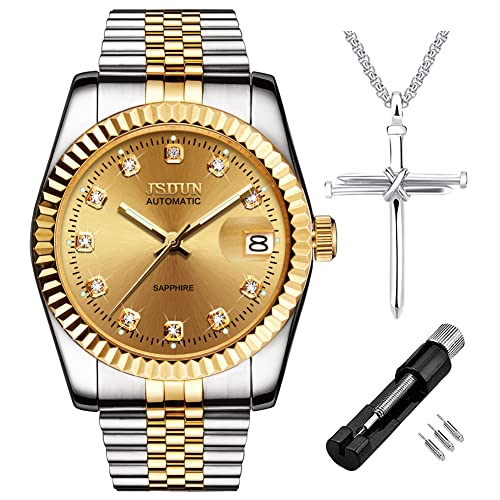 JSDUN Gold Mens Mechanical Watch Luxury Classic Automatic Self-Winding Watches for Men Stainless Steel Dress Wrist Watch Waterproof Gifts Two Tone Gold Silver