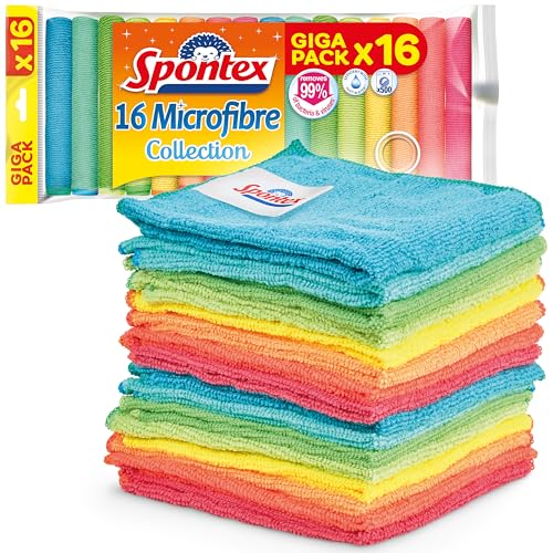 Spontex Mikrofasertücher für Reinigungsaufgaben | 16 Reinigungstücher der Mikrofaser-Kollektion | Verwendung als Staubtücher und Küchentücher | 30 x 30 cm | 16 Stück