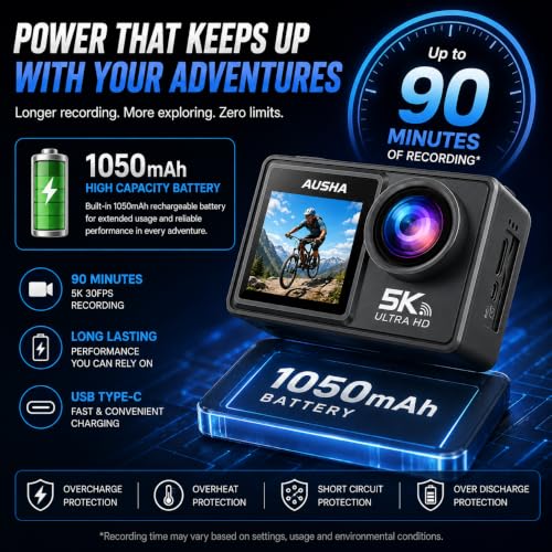 Image of AUSHA 5K Action Camera | 5K Ultra HD Videos, 50MP Photos, Dual Color Screen, WiFi, 30M Waterproof Case, Remote Control, 170 Wide Angle Sports Camera for Bike, Travel & Vlogging