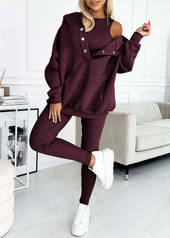 Damen Jogginganzug Sportanzug Set 3 Teilig Trainingsanzug Freizeitanzug Sport Sweatshirt + Tanktops + Jogger Hose Dreiteiler Outfit Sportlich Elegante Chic Tracksuit