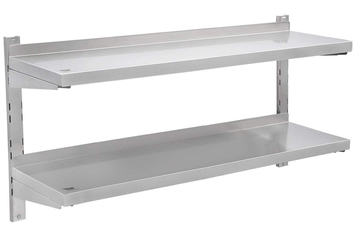 Beeketal 'BWR-6' Gastro Edelstahl Küchen Wandregal 1200 mm Länge x 320 mm Tiefe, 2 Ablageflächen mit je 35 kg Tragkraft, rückseitige Aufkantung, 4-Fach höhenverstellbar, inkl. Wandmontagematerial