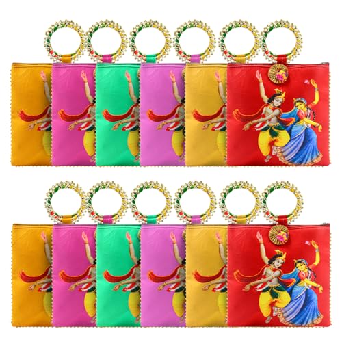 Image of Women Potli Bags Pack of 12 | Gifting Potli with Zip & Bangle Handle | Traditional Shagun Return Gifts Potli for Mehandi, Haldi, Baby Shower, Wedding, Sangeet (Radha Krishna)
