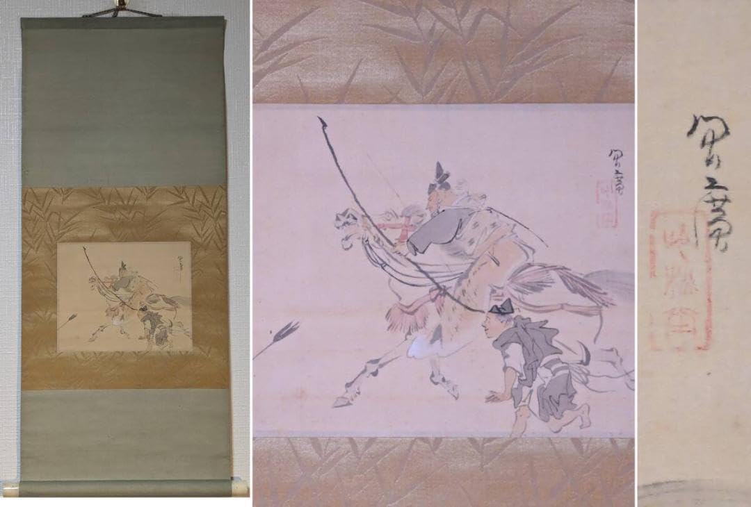 【真作】掛軸　武士と馬の躍動感ある墨彩画　戦国の風景　力強き武士の姿　Q161 真作】掛軸 武士と馬の躍動感ある墨彩画 戦国の風景