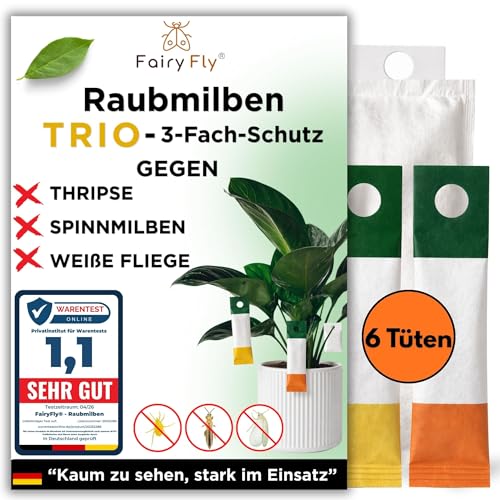 Fairyfly Raubmilben-TRIO gegen Thripse Spinnmilben & Weiße Fliege 6 Tüten Nützlinge für Zimmerpflanzen & Pflanzen biologische Schädlingsbekämpfung (Cucumeris Californicus Swirskii)