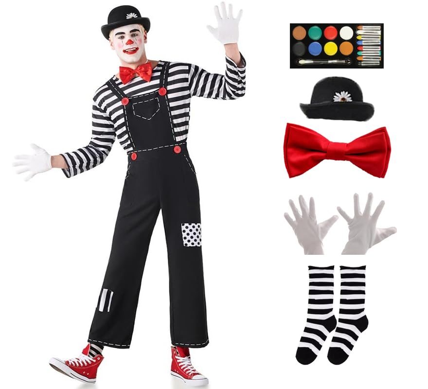 Disfraz Mimo Hombre, Kit Disfraz Mimo Adulto Carnaval - Conjunto Mimo, Disfraz Mimo con accesorios para Carnaval