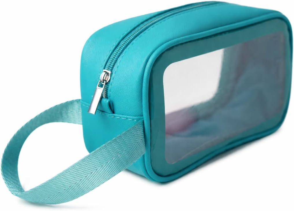 Clear Travel Makeup Bag – Luxury Cosmetic & Toiletry Organizer Transparent Window, Turquoise Vanity Case, Silver Zipper, Carry Handle, Wipe-Clean Beauty Pouch Carry-On & Bathroom