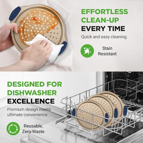 Image of NutriChef 3-Piece Pizza Tray Set with Silicone Handles - Round Nonstick Pizza Pan with Perforated Holes, Durable Carbon Steel, Small, Medium, Large Sizes - Ideal for Crispy, Evenly Baked Pizzas (Gold)