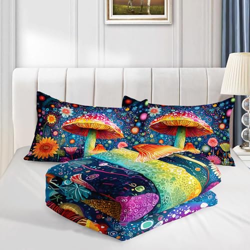 Image of AILONEN Cartoon Magic Mushroom Comforter Sets Full Size,Fantasy Floral Bedding Sets for Teens Adults,Soft Microfiber 3-Piece,1 Quilt + 2 Pillowcase