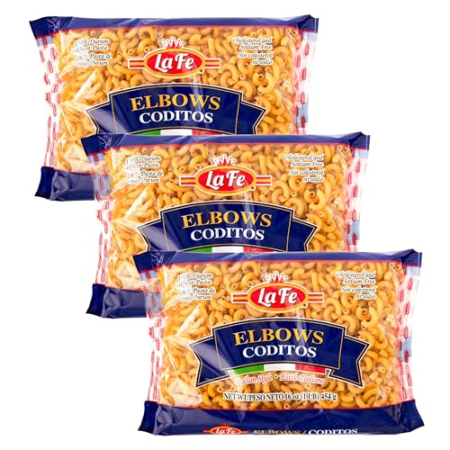 La Fe Elbow Macaroni Pasta 16oz - 3 Pack - Unenriched Semolina Wheat Pasta Italian Elbows - Cholesterol & Sodium Free