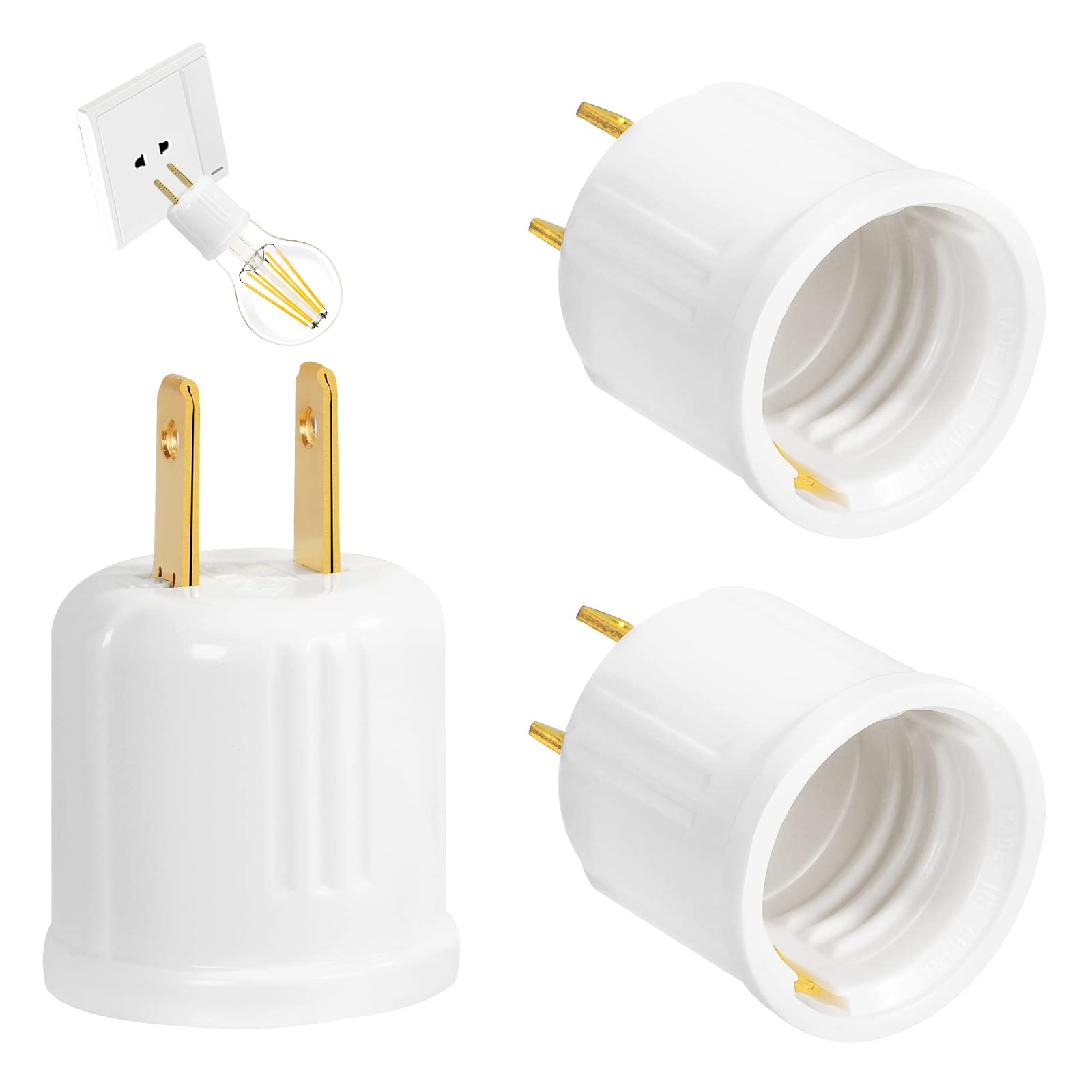 Aiwode 電球ソケット ソケット変換コンセントアダプター E26用 ソケット付きコンセントプラグ 電球ソケットE26口金 変換ソケット 白い 3個入り(電球なし)
