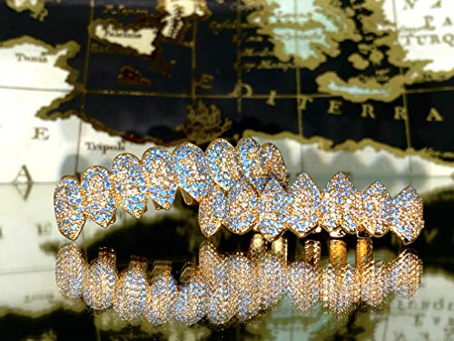 14k Shark Reed Teeth Trippy Gold and Blue Joker Gold Grillz for Mouth Top Bottom Hip Hop Teeth Grills for Teeth Mouth Grillz for Mouth Top Bottom Hip Hop 8 Teeth Grills for Teeth Mouth Set4