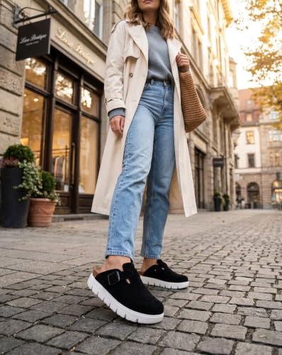 Image of Women's Suede Platform Clogs Chunky Mules Slip On