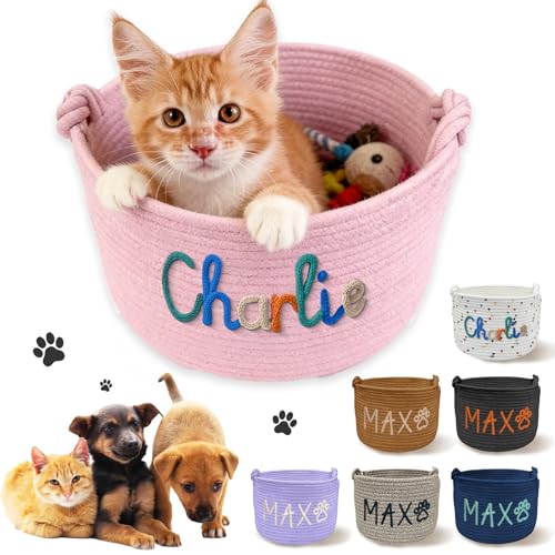 PFTPOW Personalized Dog Cat Toy Basket Custom Cotton Rope Storage Basket with Name for Pet Supplies Customized Puppy Kitten Organizer for Snacks Toys Blankets Easter Birthday Gift for Pets