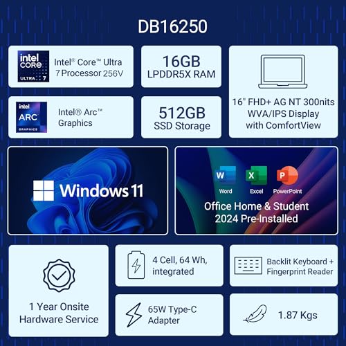 Image of Dell DB16250 16 inch (40.64 cm) AI Laptop, Intel Core Ultra 7 256V Processor, 16GB RAM, 512GB SSD, ARC Graphics, FHD+ Display, IPS & Comfortview, 300nits, Backlit KB, FPR, Win 11, Thin & Light, Ice Blue