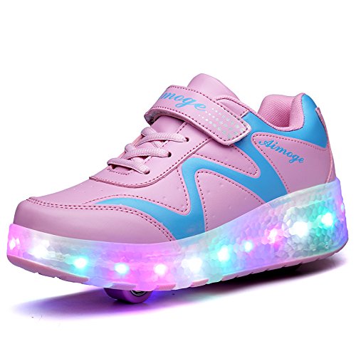 Ehauuo Unisex Roller Shoes Kids Sparkling Wheels Shoes Girls Light up Roller Skates Sneakers Boys Rechargeable Flashing Sneakers for Gift A-Pink2