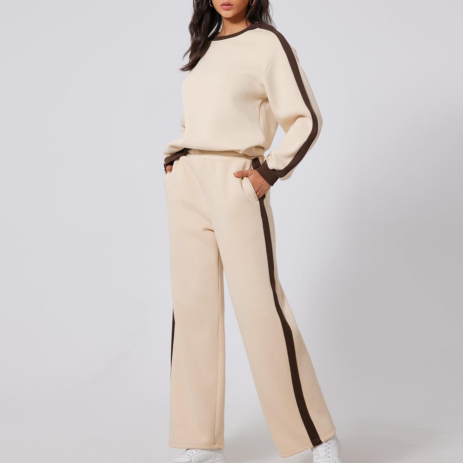 Atuendo Mujer Invierno Manga Larga Moda Tops Y Pantalones Escolar Cintura del Imperio Cuello Redondo Adaptar