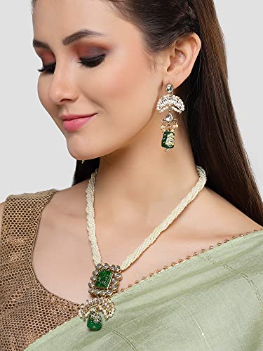 Image of Karatcart Red & Green Beaded Long Kundan Rani Haar Necklace Set for Women