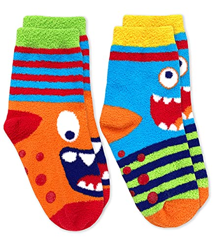 Jefferies Socks Boys Fuzzy Snowman Dinosaur Shark Non Skid Slipper Socks 4 Pack (Small, Monster/Dino/Shark) #TOP2