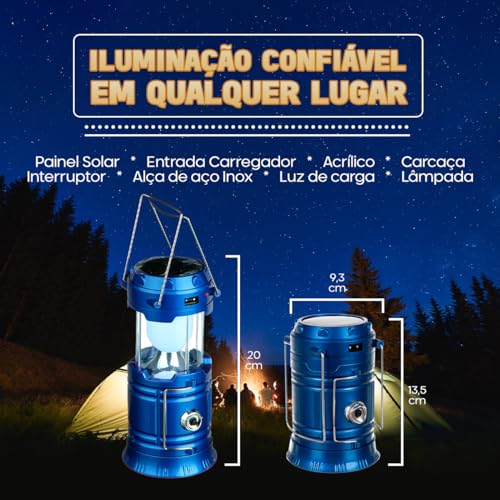 Lampião LED Lanterna Recarregável Com Luz Solar Camping Luminária 2 em 1 Iluminação Acampamento Pesc