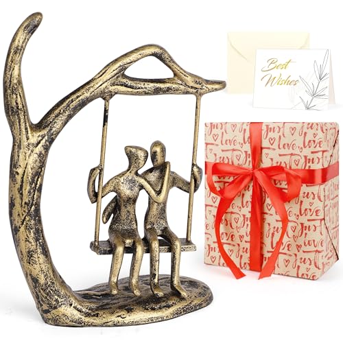 Kresecioo Anniversary Wedding Gifts for Couple/Her - Romantic Couple Statue in Love, Antique Gold Metal Figurine Sweet Loving Together Iron Sculpture Decor, Valentines Gifts for Her Wife Husband