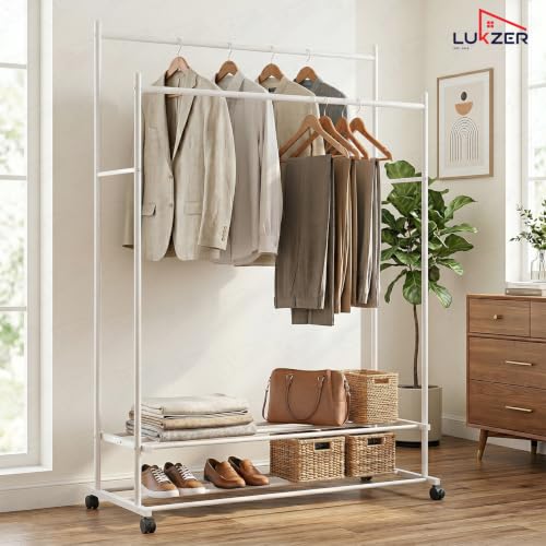Image of Lukzer Double Rod Metal Garment Stand with Wheels & 2-Tier Storage Organiser Shelves, Portable Clothes Rack and Coat Hanger With Shoe Rack for Bedroom, Entryway & Boutique (White /109 x 48 x 158 cm)