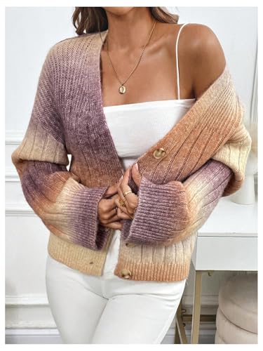 Image of MakeMeChic Women's Colorful Chunky Cropped Cardigans Button Down Long Sleeve Drop Shoulder Rainbow Sweater Khaki Large