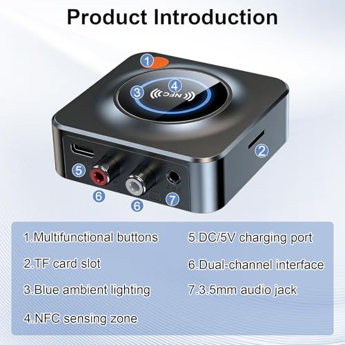Bluetooth 5.1 Audio Empfänger, Drahtloser Audio HiFi Wireless Receiver Adapter mit 3,5mm AUX und RCA Cinch für Stereoanlage Lautsprecher, Bassmodus 12 Stunden Spielzeit, HD Low Latency
