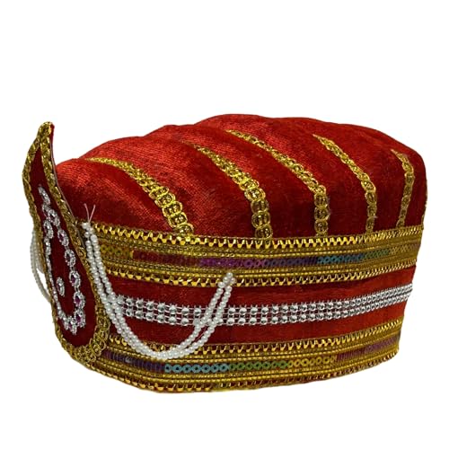 Image of Kaku Fancy Dresses Akbar Mughal King Pagdi Turban Safa Traditional Royal Headgear for Kids | Fancy Dress Costume Accessory for Historical Plays & Cultural Events - Red