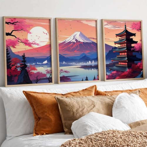 Image of kotart Big Aesthetic Mount Fuji Wall Art Paintings | Mountain Landscape Framed Painting | Nature Art Vastu Frames for Living Room Bedroom Wall Decor Set Of 3 (19X25 inch)