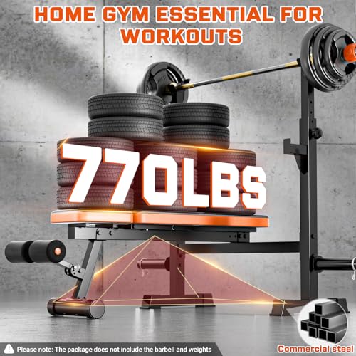 Fostoy Weight Bench, 770lbs Bench Press With Squat Rack, Adjustable Weight Benches for Home Gym, Olympic Workout Bench for Full Body Fitness, Flat Incline Bench With Removable Foot Catch