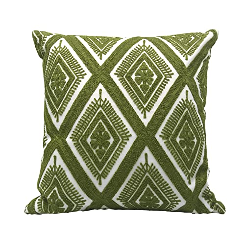 Alysheer Embroidered Decorative Throw Pillow Cover 18"X18", Boho Geometric Modern Thick Embroidery Pattern, Durable Cotton Canvas Soft Cushion Case For Sofa Couch Bed Living Room (Olive Green) #TOP14