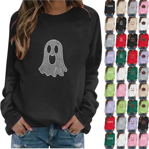 Women Halloween Rhinestone Ghost Sweatshirt Loose Fit Crewneck Pullover - image 1
