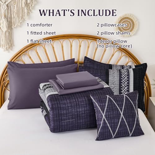 Image of Dintszyayue Purple Comforter Set Queen Size, 8 Pieces Boho Striped Bed in a Bag Soft Microfiber Bedding Set for All Season