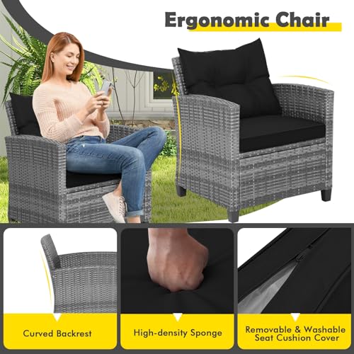 Image of Tangkula 3 Pieces Patio Furniture Set, Outdoor PE Rattan Conversation Chair Set with Tempered Glass Side Table and Removable Cushions, PE Wicker Chairs and Table Set for Porch, Balcony and Garden