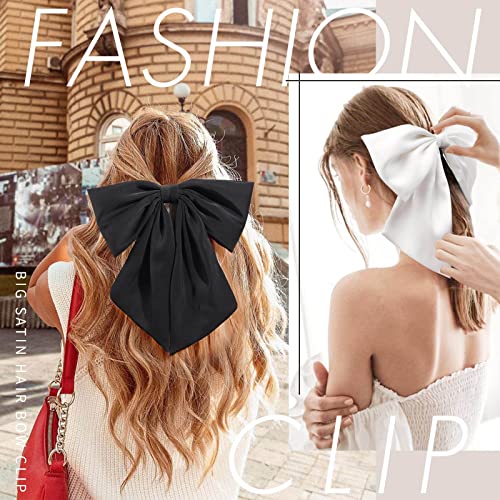2Pcs Big Satin Hair Bows For Women Girls 10 Inch Barrette Hair Clip Long Black White Silk Ribbon Bride Wedding Bows French Style Hair Accessories (Black+White) #TOP4