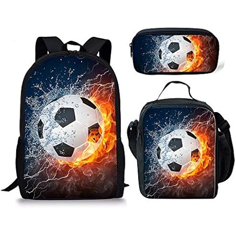 FANCOSAN Fire Water Soccer Mens Backpack Set with Lunch Bags Office Pencil Pouch Stationery 3 Pieces Cover