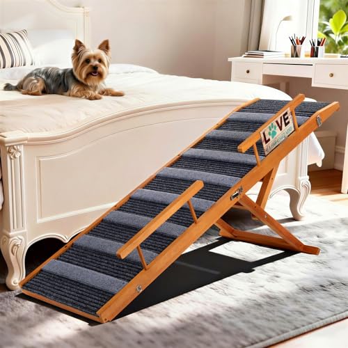 Pawaboo Dog Ramp for Small Dog 57 Foldable Dogs Ramp for Bed 5 Adjustable Height from 19.7 to 30 Stable Pet Steps with Dogs Tag & Safety Side Rails Pet Ramps for Bed Couch Gray + Walnut