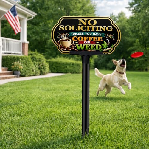 Image of Funny Coffee No Soliciting Sign for House, 10 x 5 Inch Aluminum Yard Sign | Funny Coffee No Soliciting Yard Sign with 40 Mil Aluminum, UV Printed Weatherproof Outdoor Sign for Home, Lawn and Fence