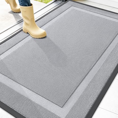 Image of OLANLY Front Door Mat Indoor Outdoor Entrance, Waterproof All-Season, All-Weather Doormat, Sturdy Natural Rubber, Low Profile, Easy Clean Patio Porch Entryway Mat, 47x32, Silver Gray