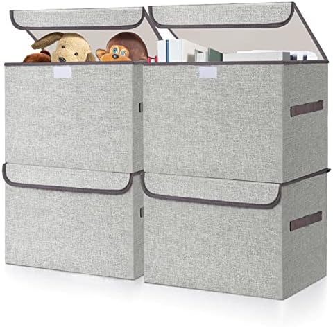 Bagnizer Linen Fabric Foldable Storage Cube Bin Organizer Basket with Flip-Top Lid & Handles, Large Toy Clothes Blanket Box for Nursery, Playroom, Home, Office, Closet, Light Gray, 4 Pack 14.6 x 9.5 x 9.5”