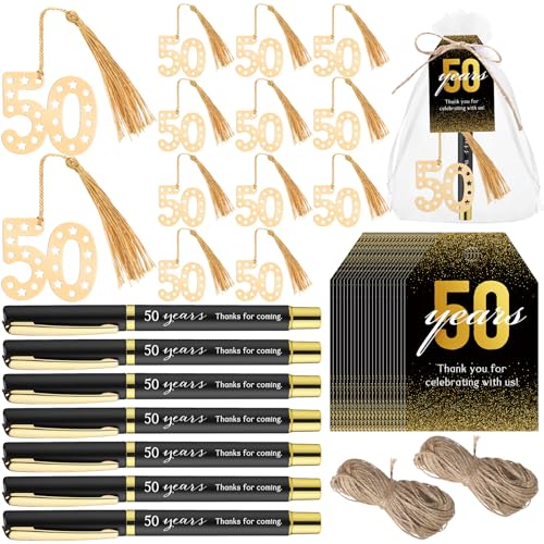 Spakon 50 Set 50th Birthday Souvenirs for Guest Anniversary Party Favor Golden Bookmark Thanks for Coming Pen with Tags