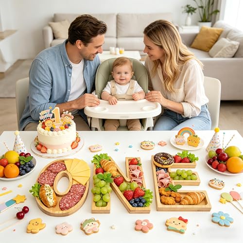 Image of 3PCS One Charcuterie Board Letters-(With 14 Balloons) Fillable Letter Food Serving Tray for Party Desserts Container Fruit Platter,Suitable for first birthdays, one-year anniversaries