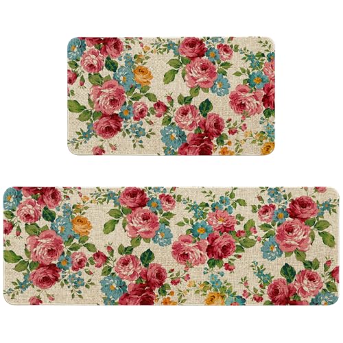 HSOWKDN Pioneer Woman Kitchen Rugs Sets of 2 Non Slip Washable, Pink Floral Kitchen Mats for Floor 2 Piece Home Decor