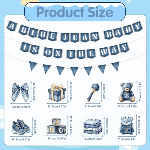 Image of Blue Jean Baby Shower Decorations - 11 Pcs a Blue Jean Baby is on The Way Banner Hanging Swirls Party Decorations, Denim Cloth Bear Baby Shower Decor Supplies for Kids Boys