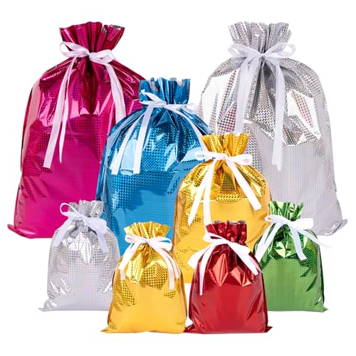G2PLUS 20PCS Christmas Drawstring Gift Bags Assorted Sizes Goodie Bags with Ribbon Solid Color Aluminum Foil Christmas Bag Present Wrapping Bag for Packages Holidays and Birthday Party